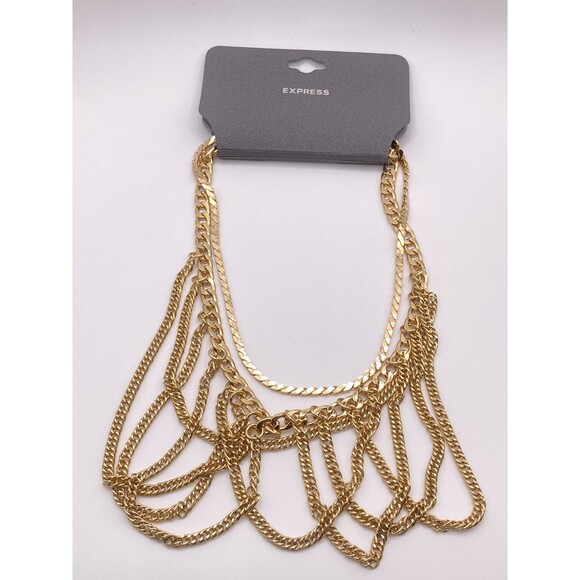 EXPRESS Gold Tone Multi Strand Draping Multi Layered Choker Necklace - Picture 2 of 5
